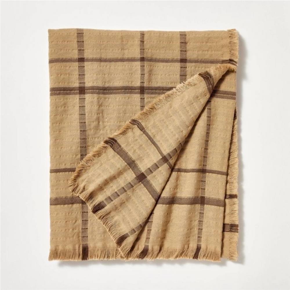 NWT  Plaid Gauze Throw Blanket with Frayed
Edges Brown - Studio McGee